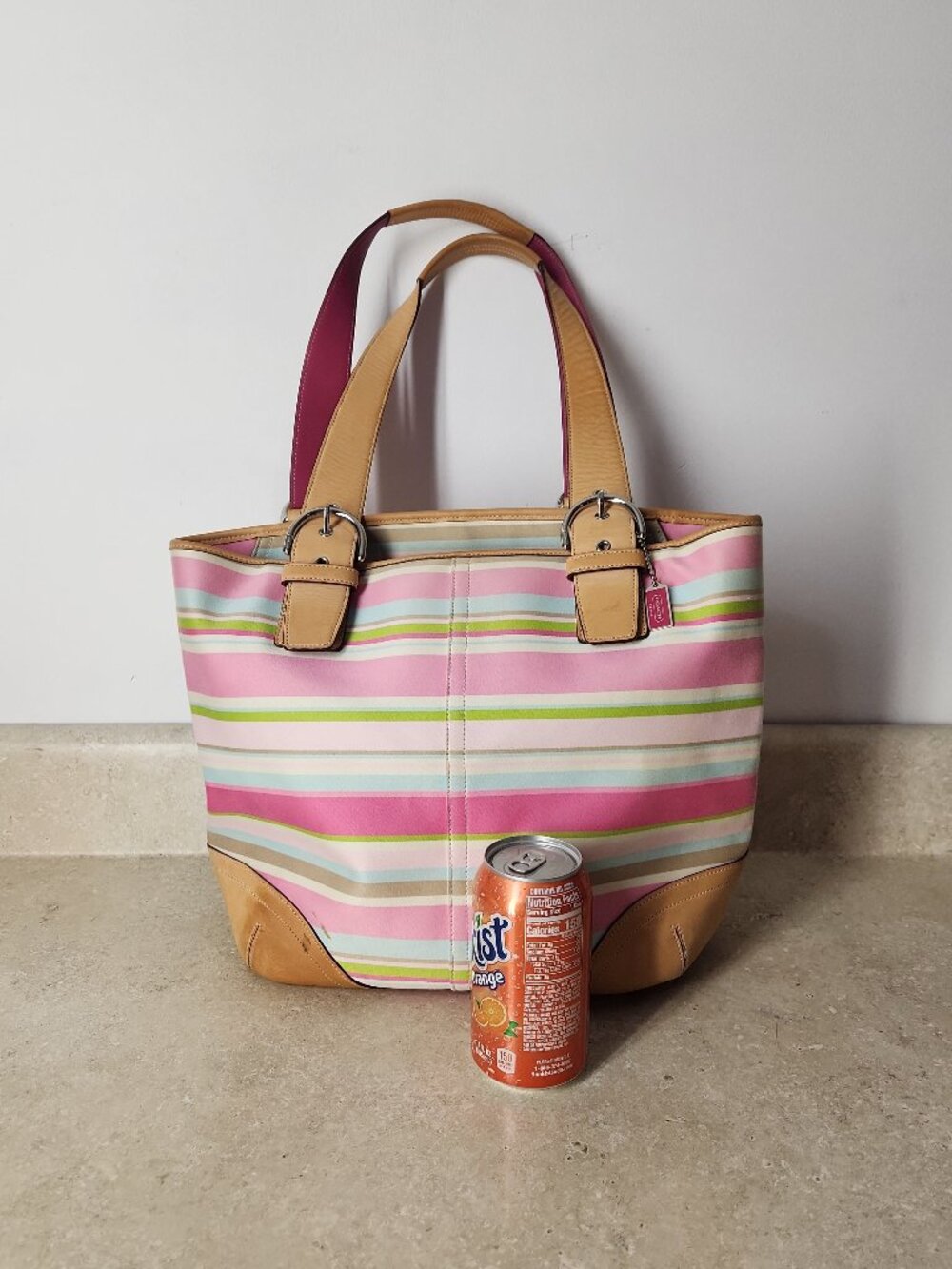 vintage Coach Hampton Stripe Canvas Tote Bag Vachetta leather trim M05S-5175 - Picture 2 of 16